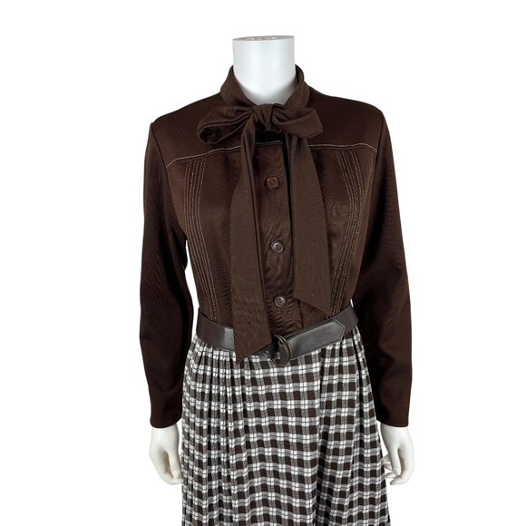 Vintage 70s Secretary Dress Womens L Brown Long Sleeve Ascot Necktie Plaid Skirt - Picture 3 of 11